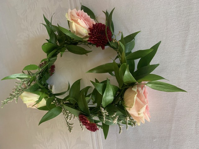 Pink rose and burgundy mum flower girl crown