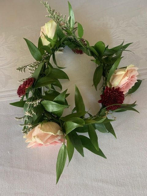 Pink rose and burgundy mum flower girl crown