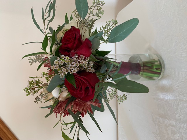Red rose, mum, and Queen Anne's lace bouquet with silver dollar eucalyptus