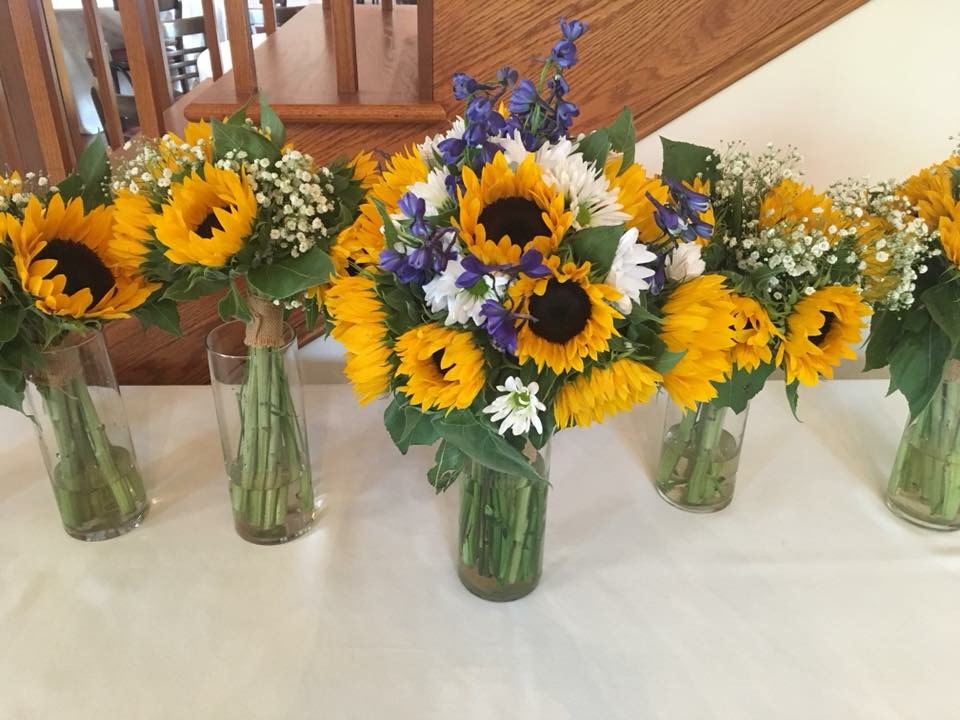 Sunflower and white mum bridesmaid bouquets